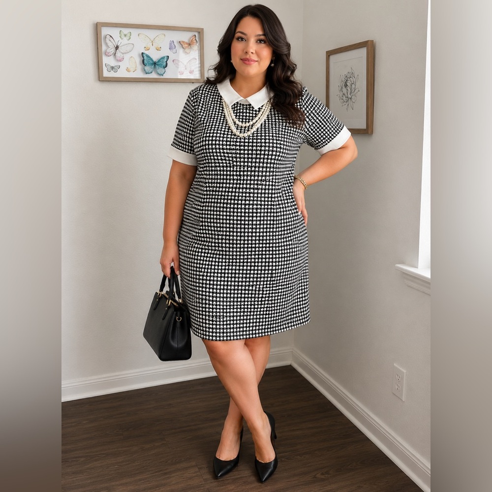 Shelby & Palmer Houndstooth Collared Shift Dress Black White Size 14